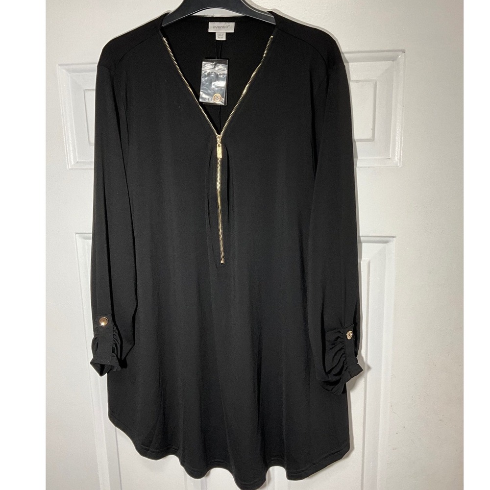 Avenue Chloe Zip Front Tunic Top Black Plus Size 22/24 Roll Tab Sleeve Blouse